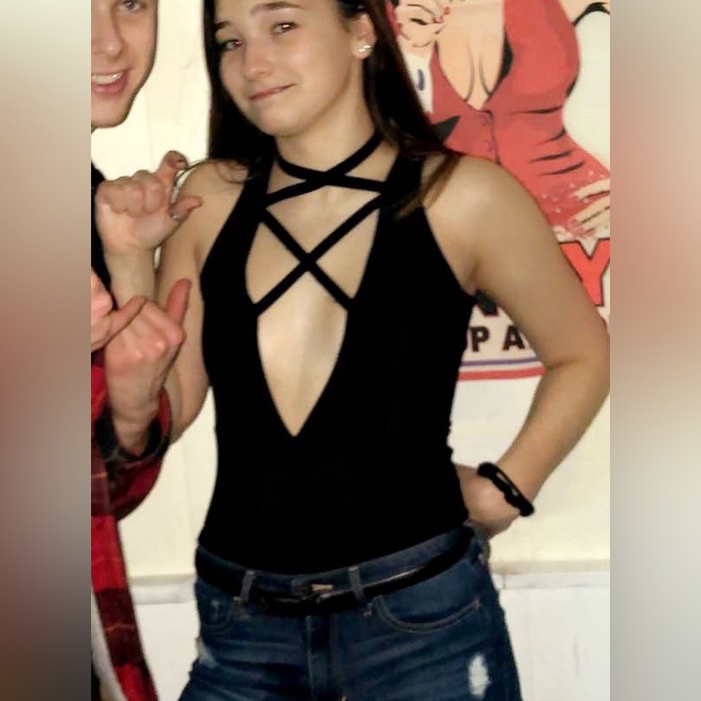 Crisscross front black bodysuit